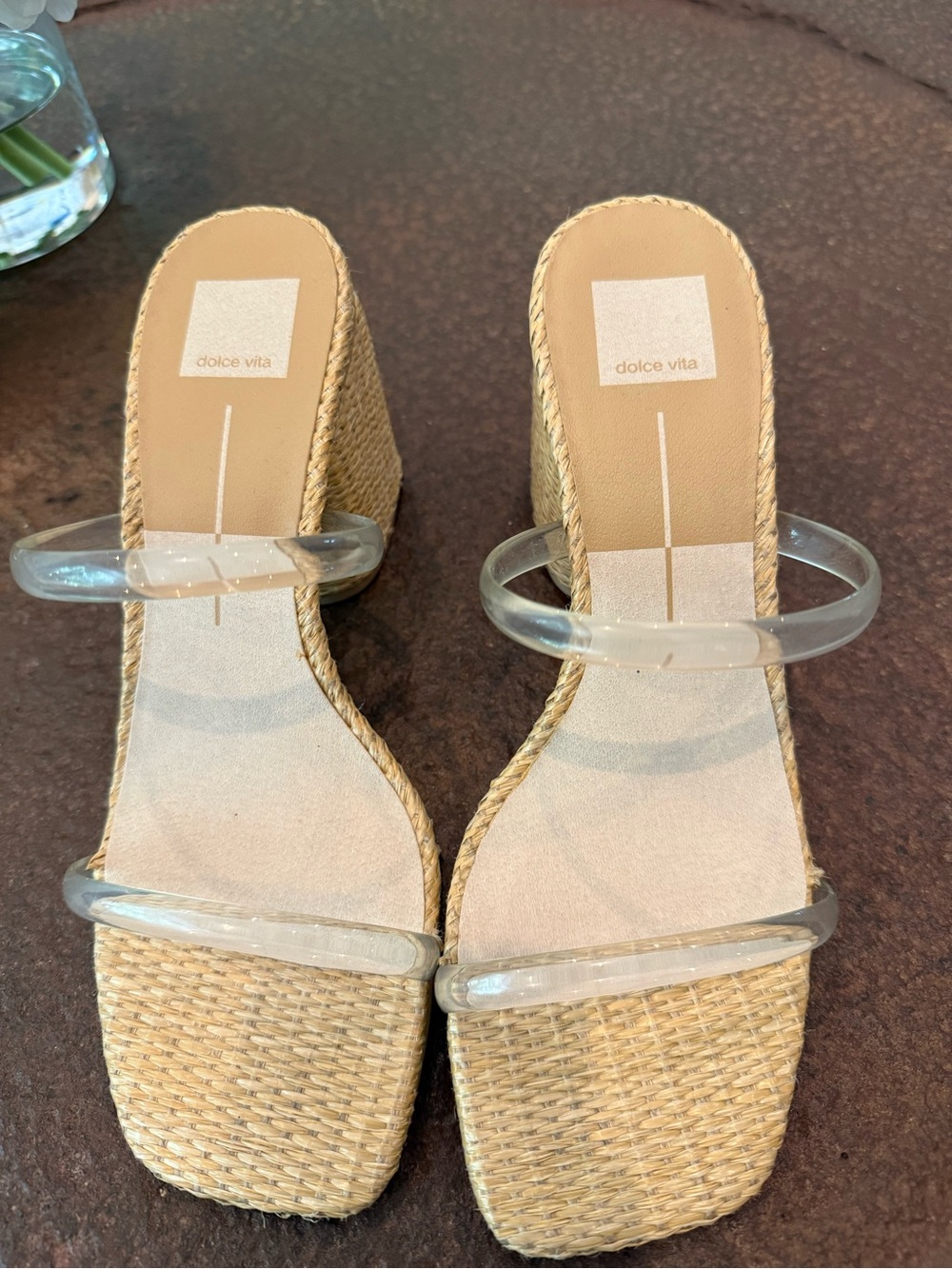 Dolce Vita Natural Woven Wedge Sandals with Clear Straps